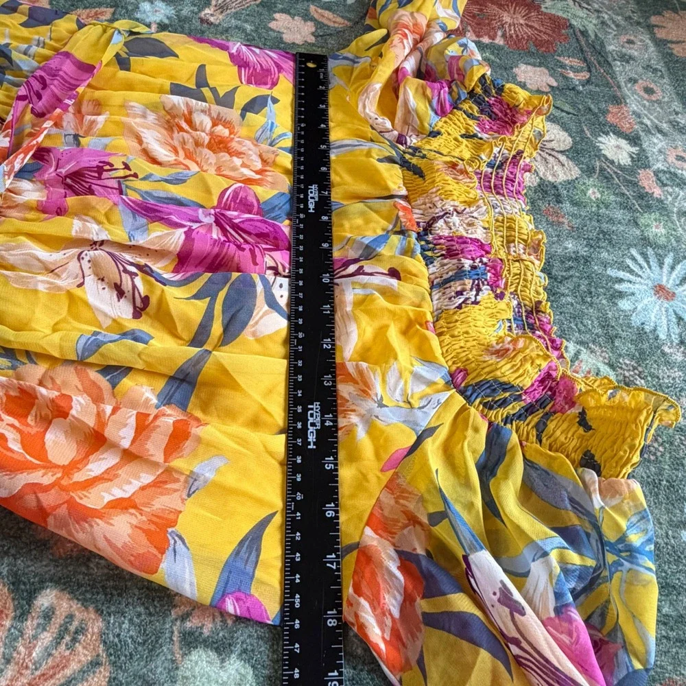 Kate and Lily Yellow Floral Maxi Dress Smocked‎ Off Shoulder Long Sleeve Size 14